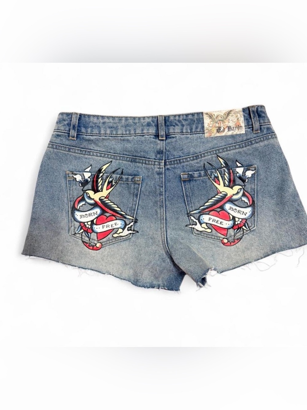 Ed Hardy Blue Denim 'Born Free' Embroidered Pocket Shorts